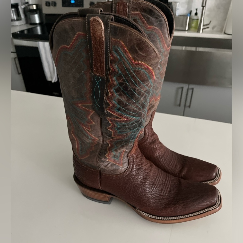 Allen’s sharkskin cowboy boots, Aztec designs. Men’s size 10